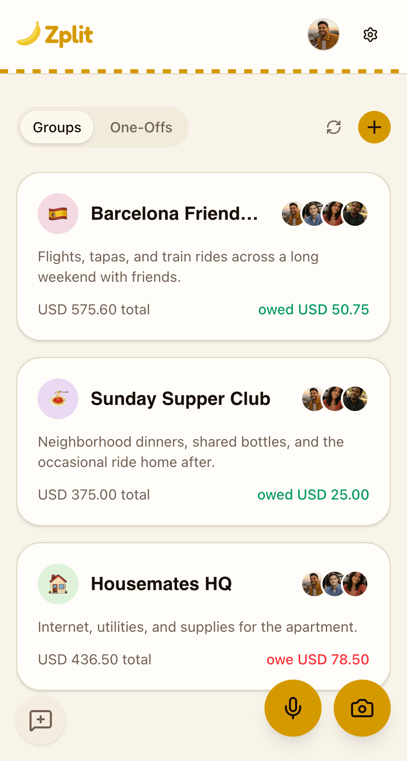 Dashboard showing expense groups for a Barcelona trip, supper club, and housemates