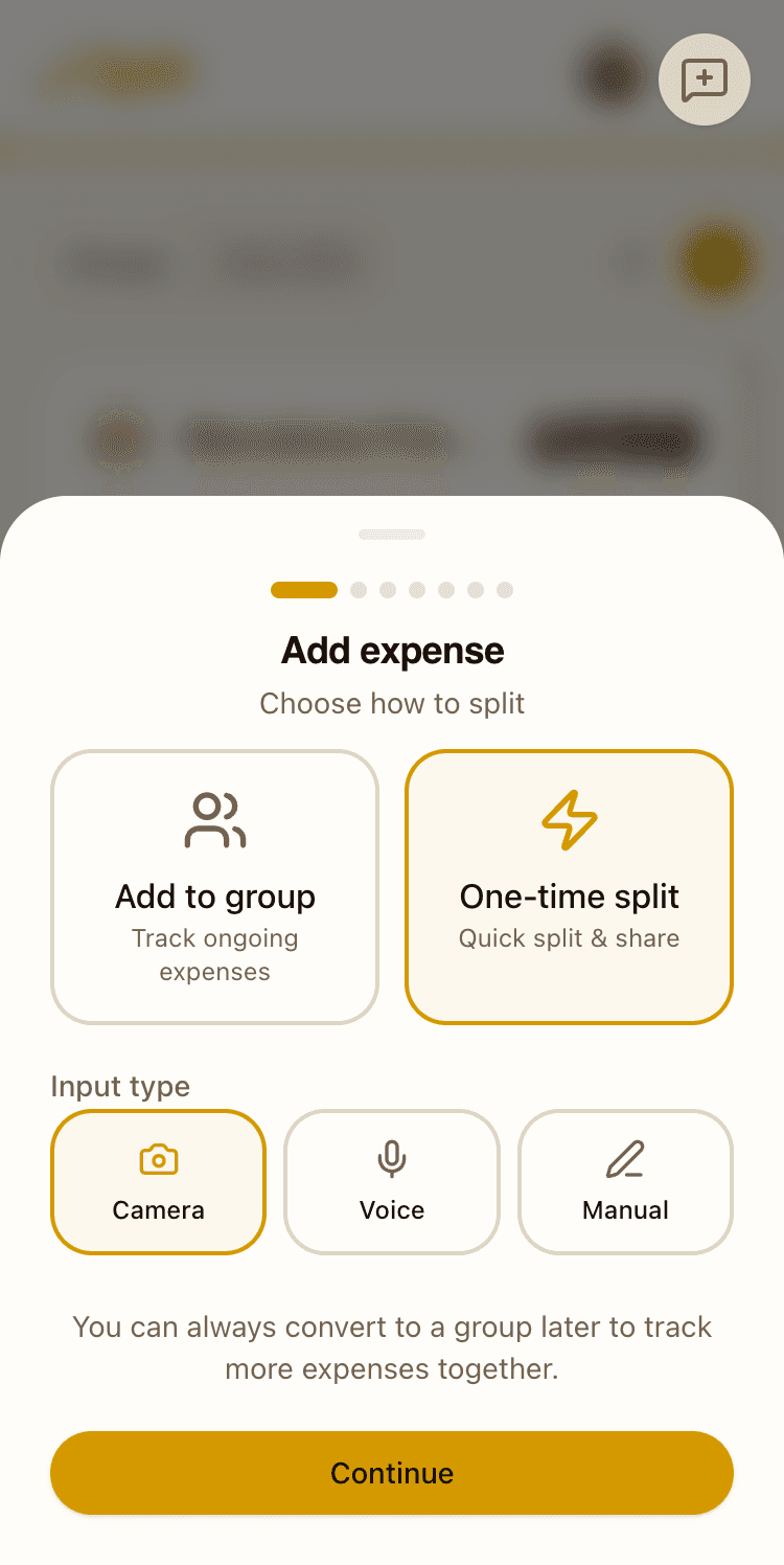 Add expense screen showing camera, voice, and manual input options with group or one-time split modes