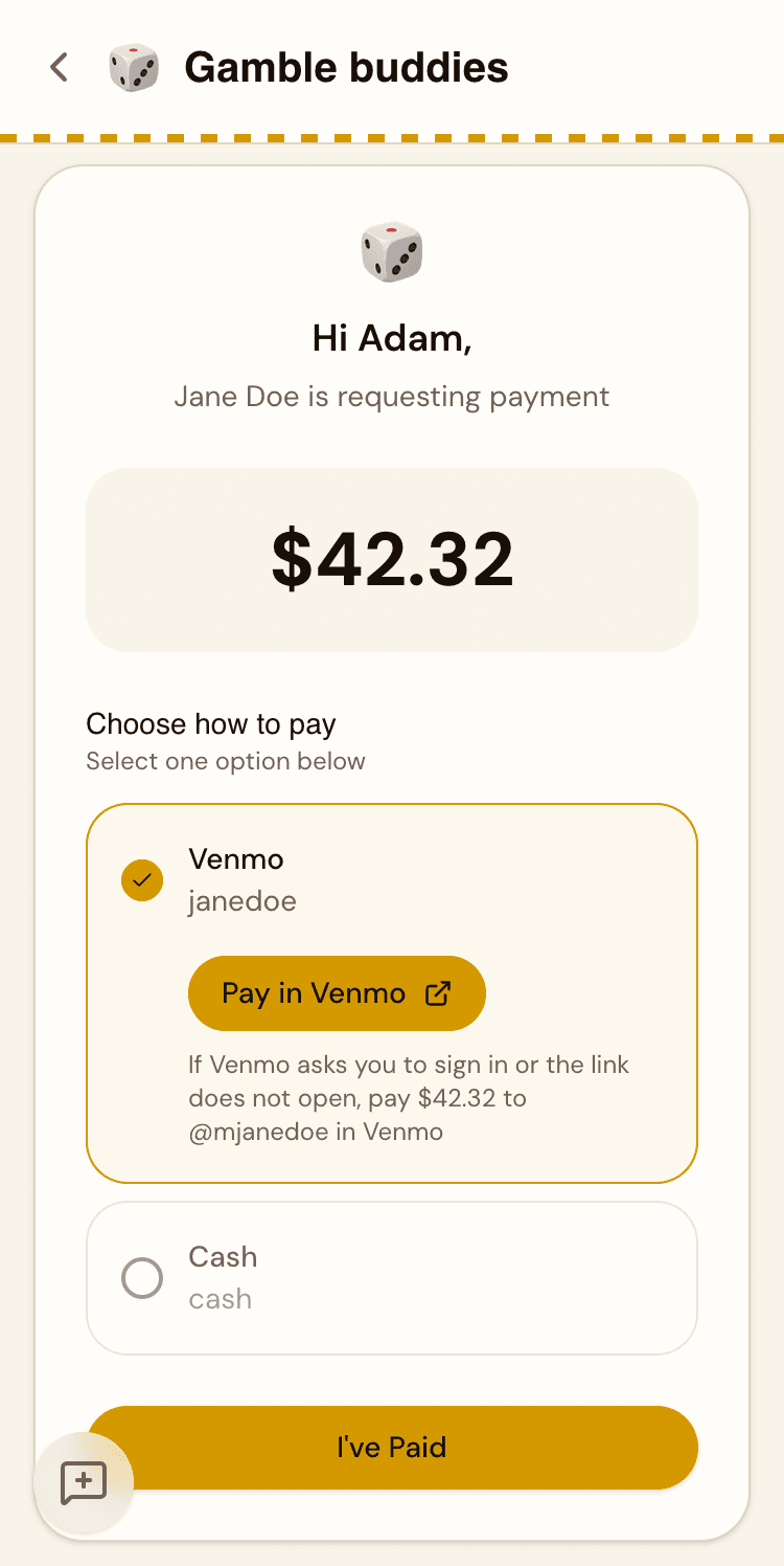 Payment request screen showing a Venmo payment option for $42.32